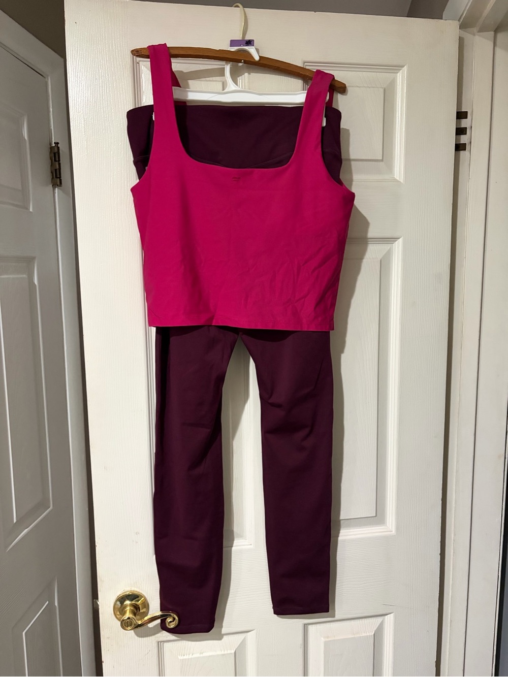 Fabletics Hot Pink Tank with Plum Leggings Active Set
